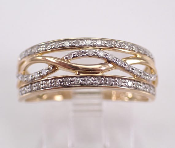 Yellow Gold Diamond Bypass Ring: Crossover Multi Row Wedding Anniversary Band