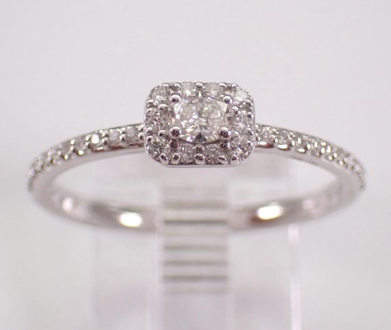 14K White Gold Diamond Engagement Ring - Dainty Halo Promise Stackable Band - GalaxyGems Bridal Fine Jewelry Gift