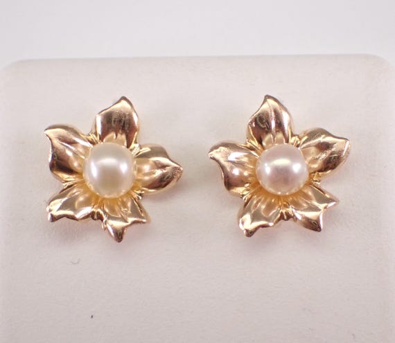 14K Yellow Gold Pearl Stud Earrings: Dainty Flower Gemstone Studs