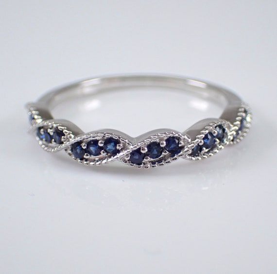 White Gold Sapphire Wedding Ring, Dainty Stackable Anniversary Band, September Gemstone Gift