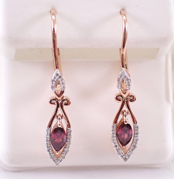 Rose Gold Diamond and Garnet Dangle Earrings: Unique Teardrop Gemstone Drops