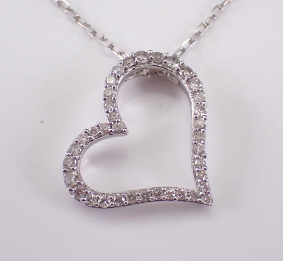 White Gold Diamond Heart Charm Necklace: Dainty Open Pendant and Chain