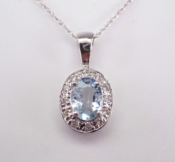 Aquamarine and Diamond Pendant and Chain - 14K White Gold Dainty Choker Necklace - Aqua Marine March Birthstone Jewelry Gift