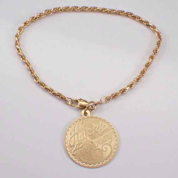 Vintage 14K Yellow Gold Charm Bracelet - Unique Simple Layering Rope Chain Link