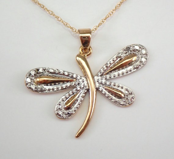 Dragonfly Pendant and Chain, 10K Solid Gold Necklace, Two Tone White and Yellow Gold