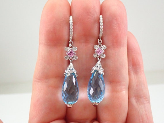 Genuine Blue Topaz Briolette Earrings, 14K White Gold Diamond Dangle Earrings, Pink and Blue Gemstone Jewelry