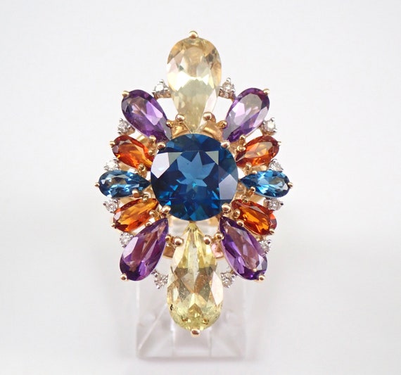 Large Genuine Multi Color Gemstone Ring - 14K Yellow Gold Diamond Setting - Blue Topaz Amethyst Beryl Madeira Citrine Jewelry