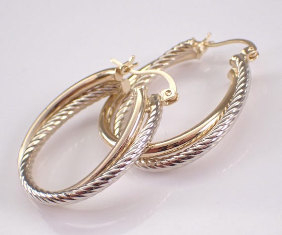 Vintage 14K Gold Braided Hoop Earrings - Estate Two Toned Twisted Huggies Hoops