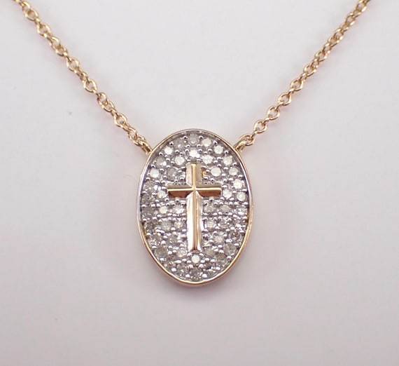 Diamond Cross Medallion Pendant - Solid Yellow Gold Necklace and Chain - Small Dainty Religious Charm Jewelry Gift