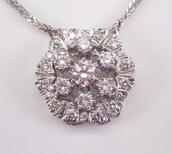 Antique 14K White Gold Diamond Necklace: Vintage Cluster Snowflake Charm Pendant and Chain