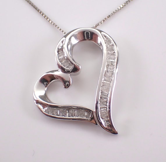 White Gold Diamond Heart Necklace: Baguette Charm Pendant and Chain