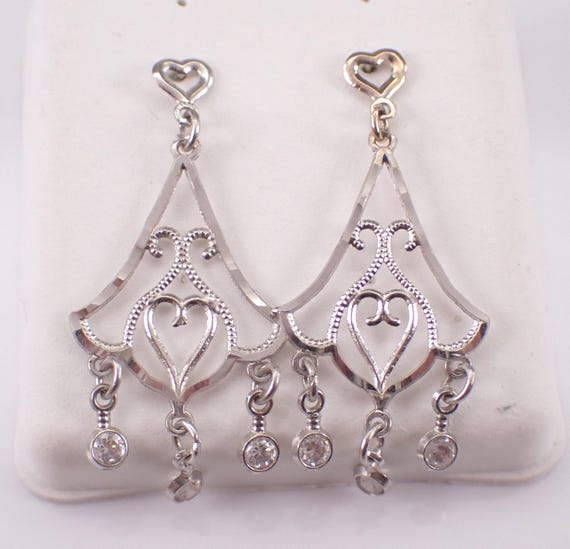 Antique 14K White Gold Dangle Earrings: Dainty Filigree Cubic Zirconia Chandelier Drops