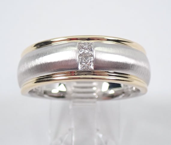 Mens Princess Cut Diamond Wedding Ring, 14K Solid Gold Anniversary Band for Him