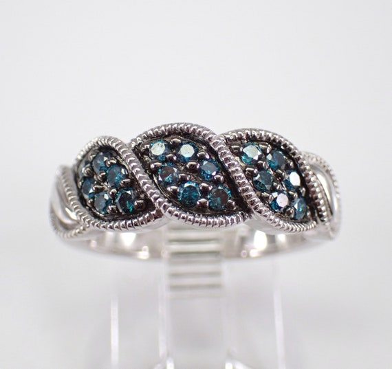 Sterling Silver Blue Diamond Ring - Unique Stackable Cluster Band - Estate Colored Diamond Jewelry Gift