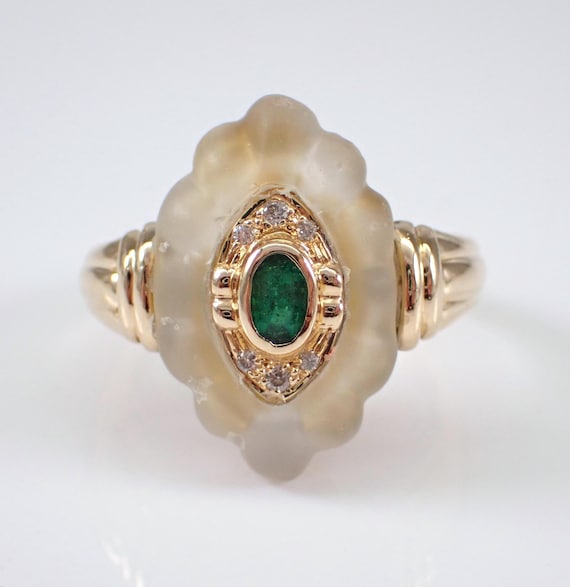 Vintage Emerald and Diamond Cocktail Ring - 14K Yellow Gold Frosted Quartz Band - May Birthstone Fine Jewelry Gift