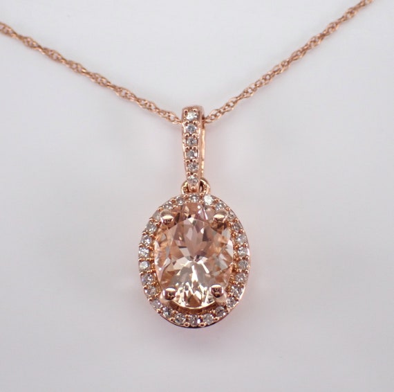 Morganite and Diamond Pendant and Chain - Rose Gold Halo Setting Charm Necklace - Pink Gemstone Fine Jewelry Charm Gift