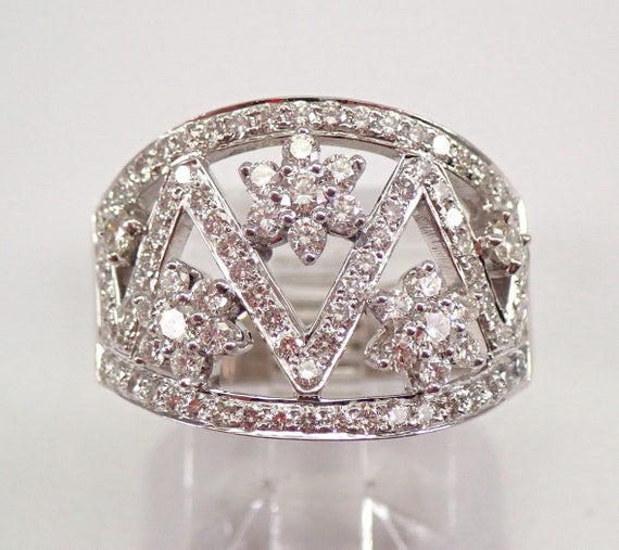 18K White Gold Diamond Ring - Wide Cluster Wedding Anniversary Gift - Unique Domed Flower Cigar Band