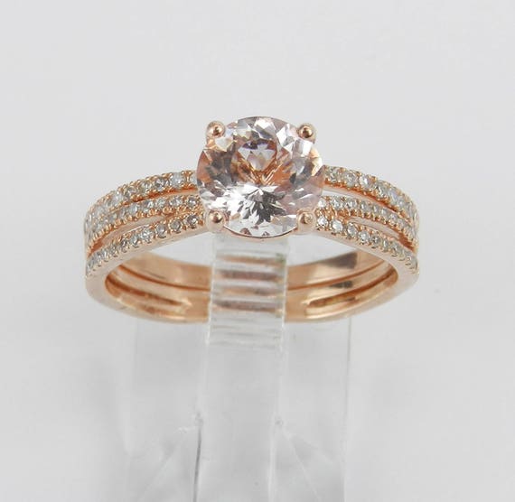 Diamond and Morganite Engagement Ring Wedding Band Set 14K Rose Gold Size 7 FREE Sizing