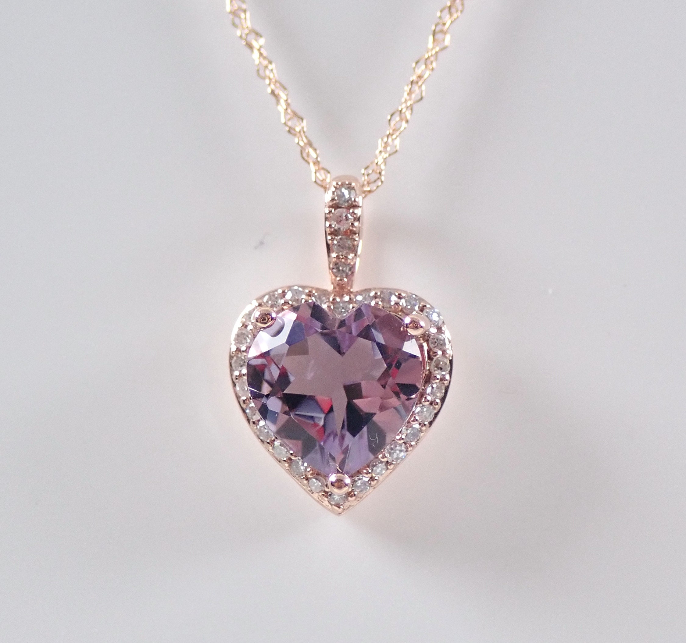 Amethyst and Diamond Heart Halo Pendant Necklace 18 Chain Rose Gold ...
