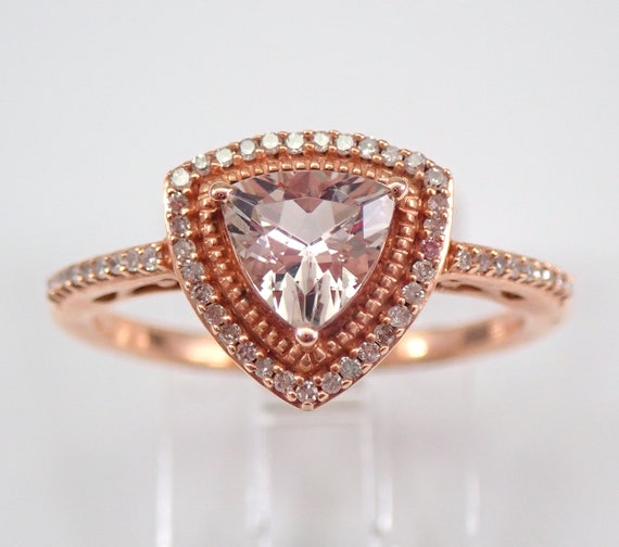 Trillion Morganite and Diamond Ring - Rose Gold Halo Engagement Setting - Triangle Modern Fine Jewelry Gift