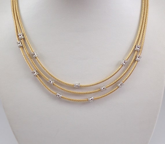 Vintage 3 Strand 14K Yellow Gold Diamond Station Necklace - Unique Estate Choker - GalaxyGems Fine Jewelry