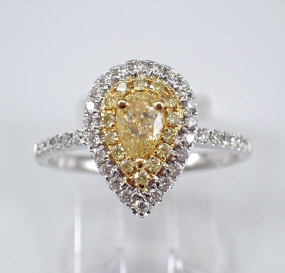 Yellow Canary Diamond Teardrop Engagement Ring - 14K White Gold Halo Cluster Band - Unique Bridal Fine Jewelry Gift