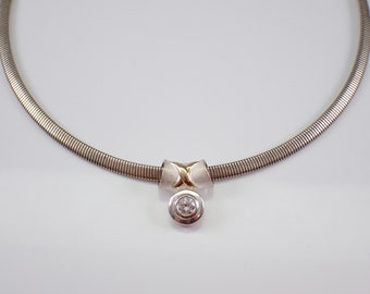 Vintage Sterling Silver Mesh Omega Choker Necklace, Solitaire Cubic Zirconia Slide Charm Pendant
