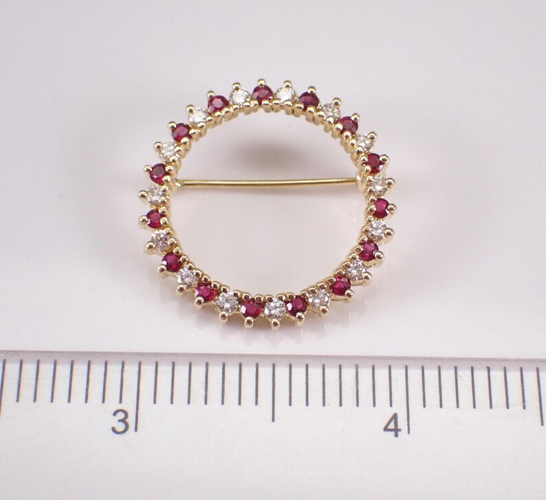 Vintage 18K Yellow Gold Ruby and Diamond Brooch, Unique Simple Estate ...