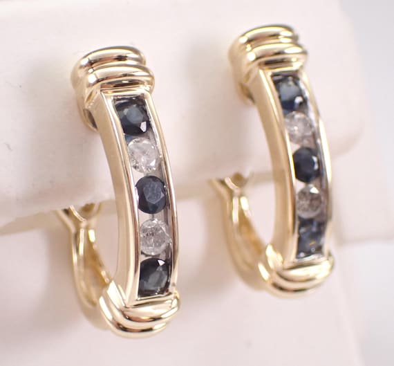 14K Yellow Gold Diamond and Sapphire Hoop Earrings: Vintage Estate September Gemstone Jewelry