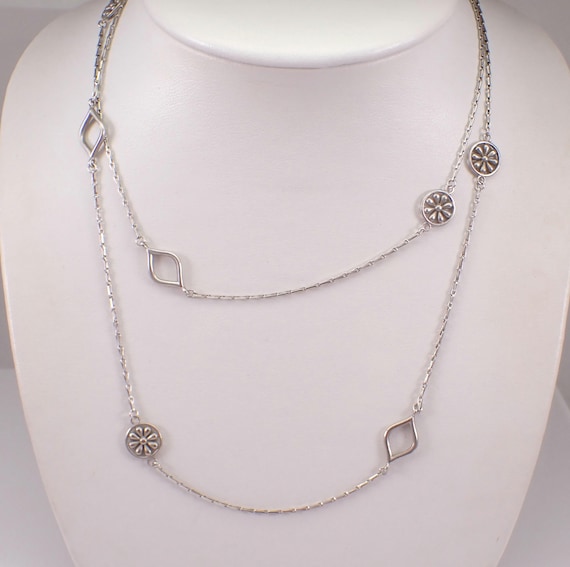 Sterling Silver Elizabeth Showers 36" Necklace, Unique Station Flower Charm Pendant Chain, Estate Everyday Daily Wear Jewelry Gift