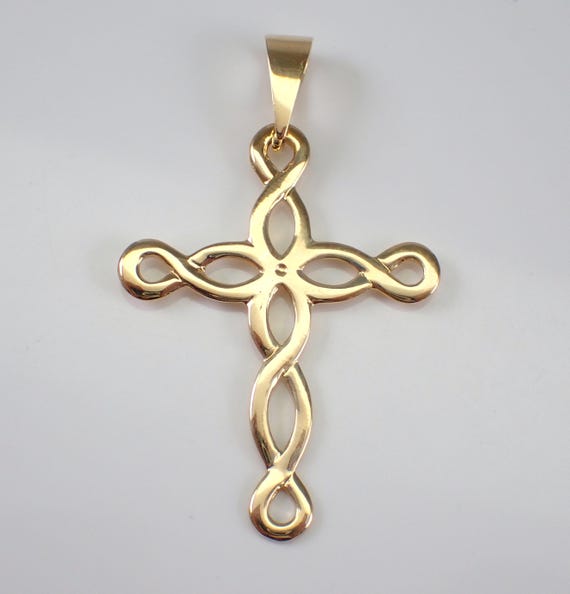 Vintage 14K Yellow Gold Cross Pendant - Estate Religious Charm for Necklace or Pendant - Large Celtic Swirl Drop
