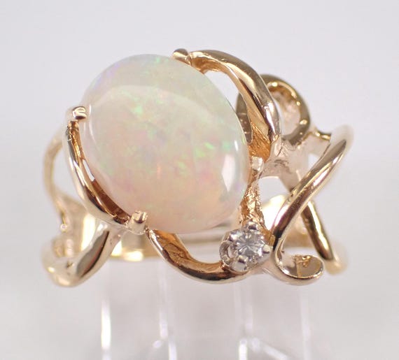 Vintage 14K Yellow Gold Opal and Diamond Ring: GalaxyGems Estate Freeform Fine Jewelry