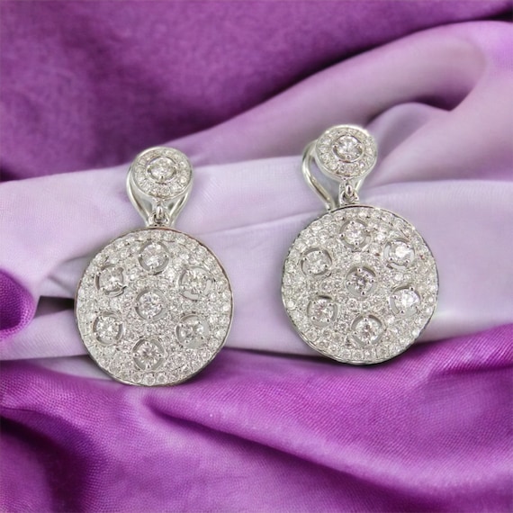 Rose Cut Diamond Cluster Drop Earrings - Unique 18K White Gold Fine Jewelry - Secure Omega Clasp