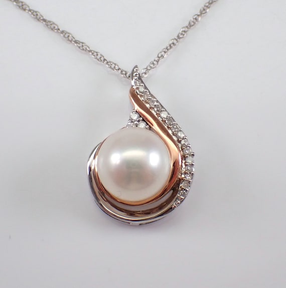 Pearl and Diamond Drop Pendant - Rose and White Gold Choker Charm Necklace - Two Tone Gold June Birthstone Jewelry Gift