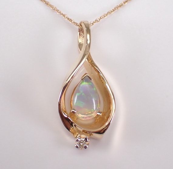 Vintage 14K Yellow Gold Opal Pendant - Teardrop Diamond Charm Choker Chain - October Birthstone Necklace Jewelry Gift
