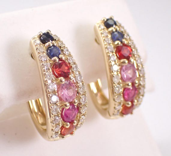 14K Yellow Gold Multi Color Sapphire Hoop Earrings: Diamond and Gemstone Huggies