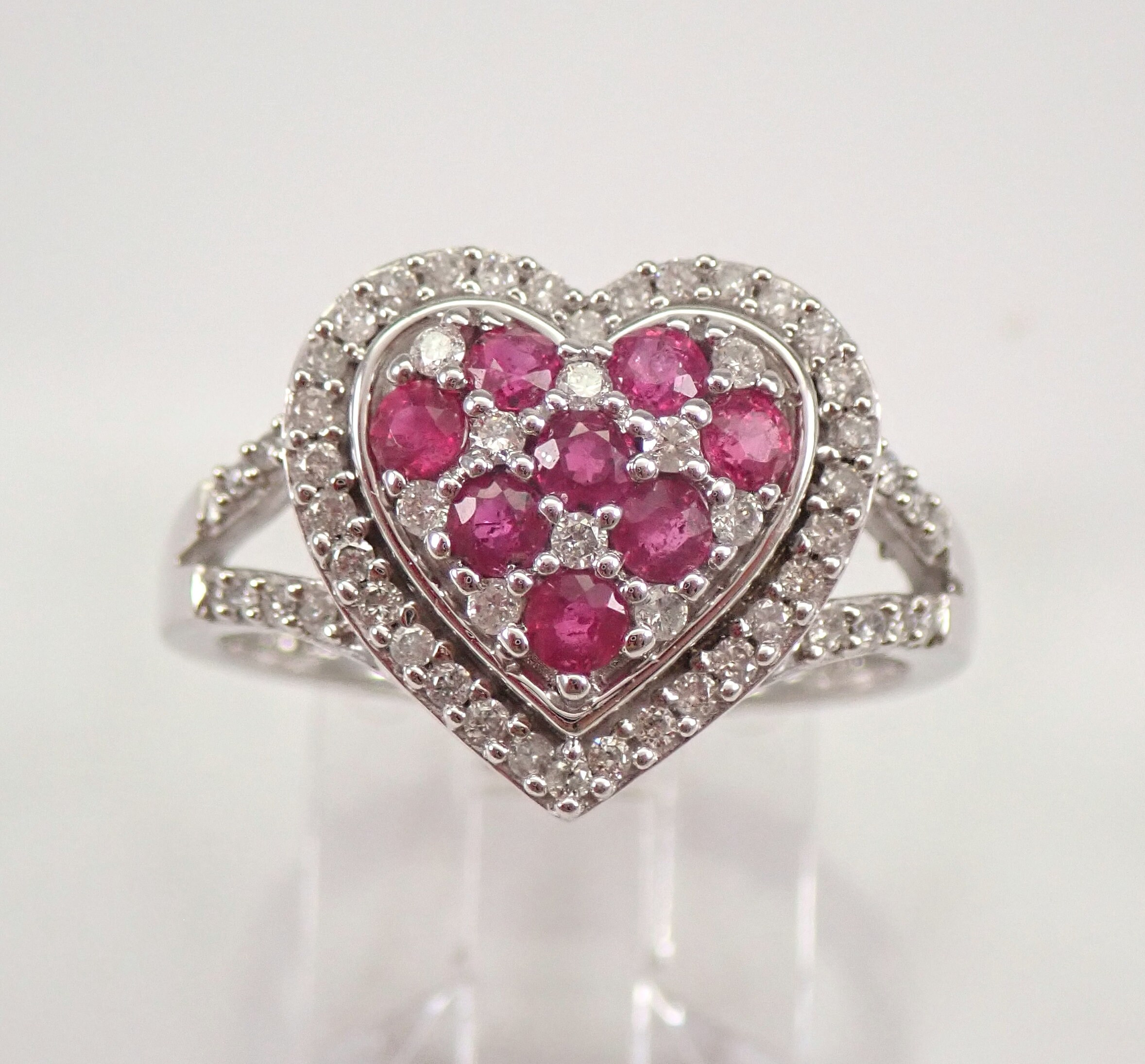 Diamond and Ruby Cluster Heart Ring Halo Engagement Ring White Gold