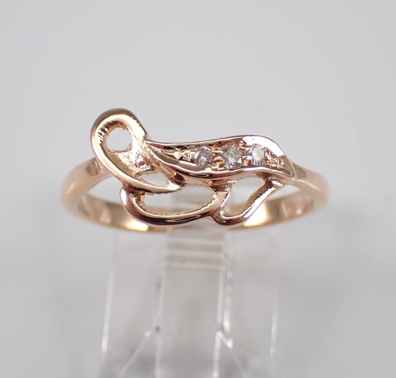 Antique 14K Rose Gold Freeform Diamond Ring - Unique Vintage Little Petite Midi Band