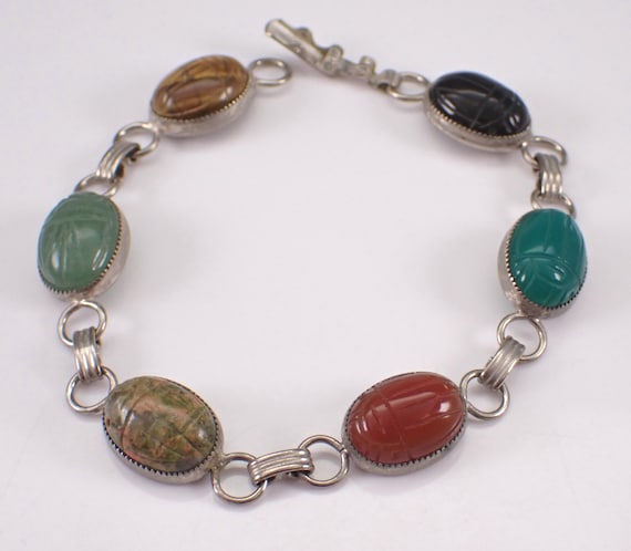 Vintage 60s Sterling Silver Scarab Bracelet: Estate Carved Gemstone - Jasper Onyx Carnelian Aventurine
