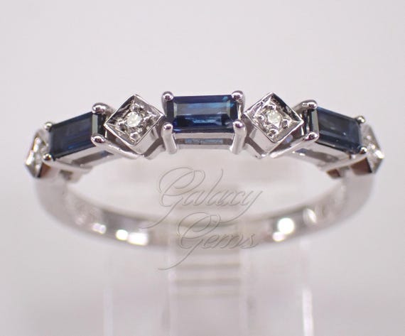 White Gold Sapphire and Diamond Wedding Ring - Baguette Gemstone Anniversary Band