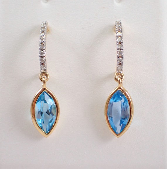 Blue Topaz Dangle Earrings - Unique Diamond Setting - 14K Yellow Gold Gemstone Fine Jewelry