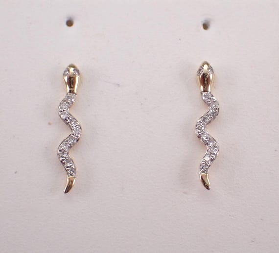 Diamond Snake Stud Earrings - Yellow Gold Dainty Serpent Studs - Unique Climber Crawler Fine Jewelry Gift