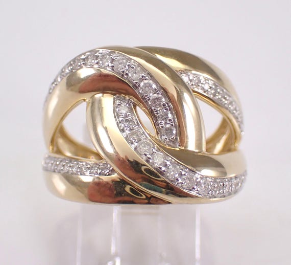 Yellow Gold Diamond Love Knot Ring: Crossover Wedding Anniversary Band