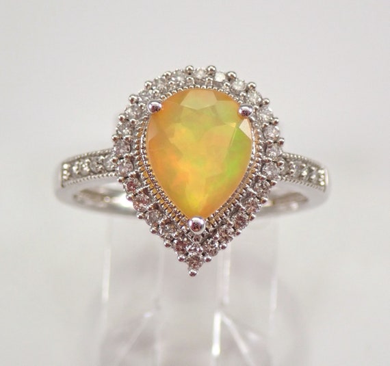 14K White Gold Opal and Diamond Ring - Teardrop Halo Engagement Setting - Unique October Gemstone Jewelry Gift