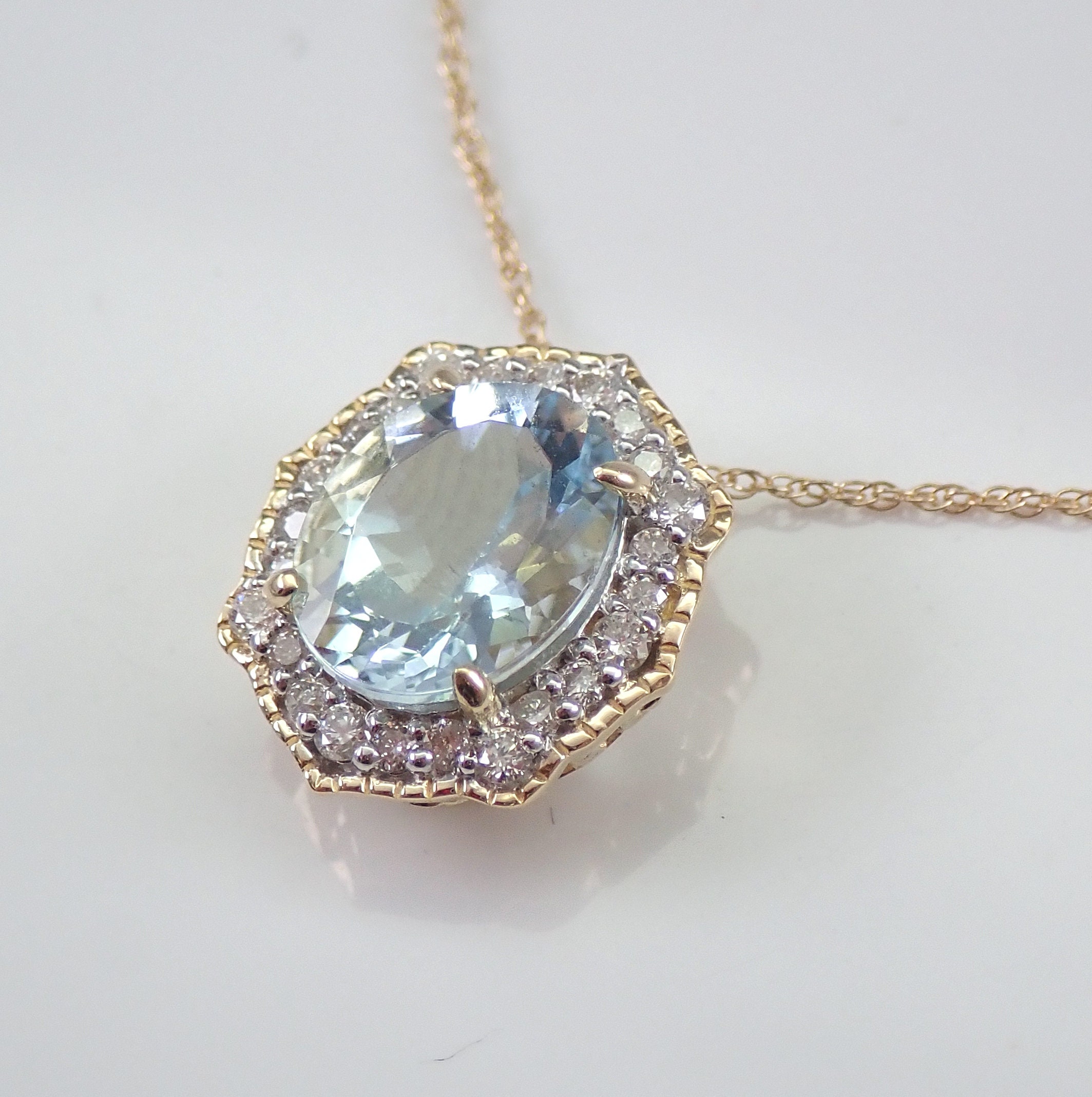 Aquamarine and Diamond Halo Necklace Yellow Gold 18 Chain Aqua Pendant