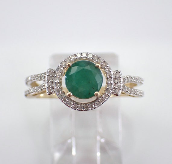 Emerald and Diamond Engagement Ring - Yellow Gold Gemstone Halo Band - May Birthstone Fine Jewelry Gift