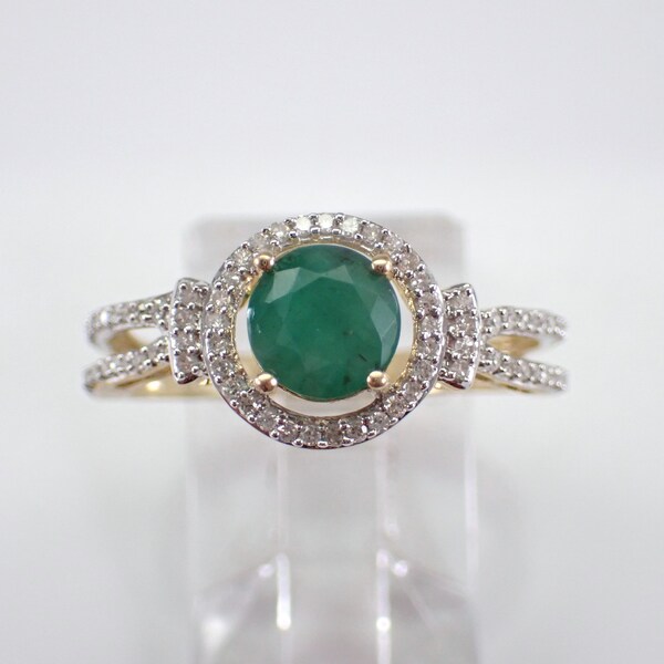 Emerald and Diamond Engagement Ring - Yellow Gold Gemstone Halo Band - May Birthstone Fine Jewelry Gift