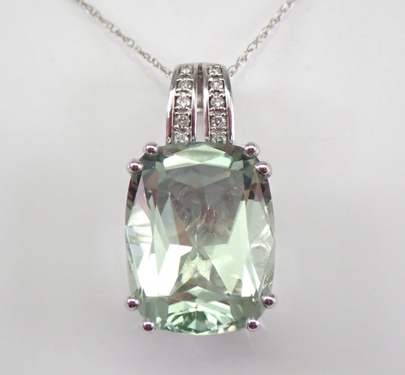 Cushion Cut Green Amethyst Necklace, 14K White Gold Prasiolite Pendant 18" Chain, Fine Gemstone Jewelry for Women