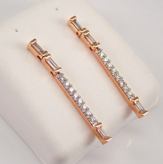 Baguette Diamond Tennis Earrings - 14K Rose Gold Dangle Bar Drop - GalaxyGems Fine Jewelry Wedding Gift