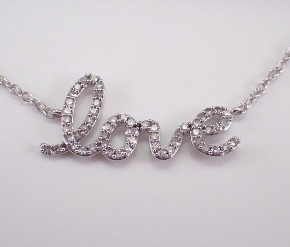 14K White Gold Diamond LOVE Necklace: Dainty Station Charm Pendant and Chain